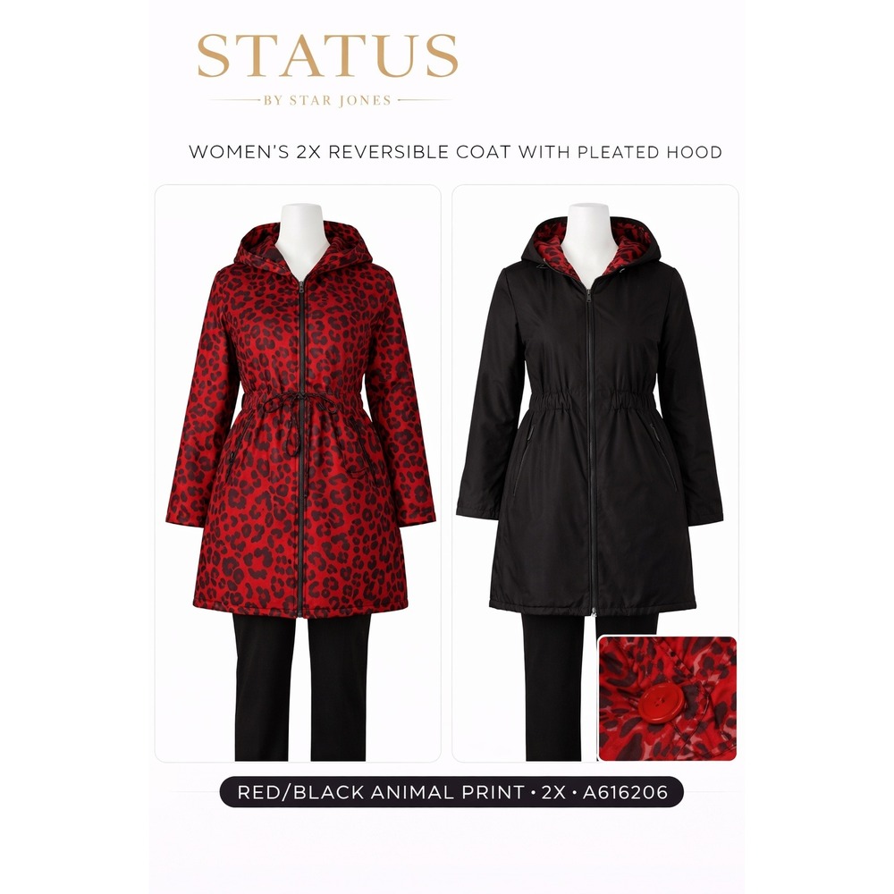 Status by Star Jones Womens 2X Reversible Coat Red Animal Print‎ Hooded A252484